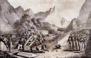 Begräbnis von Napoleon I.: Exhumierung des Körpers von Napoleon auf St. Helena - Zeichnung von Levilly, in „Historisches Gemälde des Begräbnisses von Napoleon“ von M. St Maurice, ca. 1851 von French School