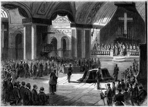 Beerdigung des Grafen von Cavour, Turin, 7. Juni 1861: Innenansicht der Kirche der Madonna der Engel während der Zeremonie. Gravur in „Le Monde Illustré“ Nr. 219 vom 22. Juni 1861. von French School