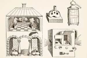 Öfen und verschiedene Apparate, die von Chemikern und Alchemisten im Mittelalter verwendet wurden, nach einem Stich von Vriese, aus Wissenschaft und Literatur im Mittelalter von Paul Lacroix, veröffentlicht in London 1878