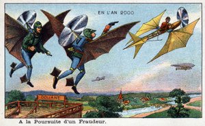 Futuredays: Eine Vision des 19. Jahrhunderts vom Jahr 2000 - Serie „Im Jahr 2000“: Eine Verfolgung eines Betrugs beim Zoll - Chromolithographie von Villemard