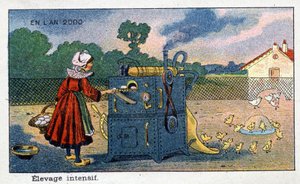Futuredays: Eine Vision des 19. Jahrhunderts vom Jahr 2000 - Serie „Im Jahr 2000“: Intensive Zucht (Ei wird zum Küken beim Verlassen der Brutmaschine). Chromolithographie von Villemard von French School
