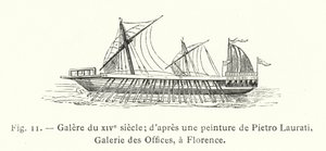 Galeere des 14. Jahrhunderts; nach einem Gemälde von Pietro Laurati, Uffizien-Galerie, Florenz von French School