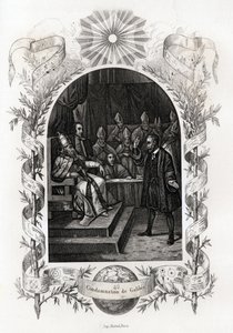 Galileo Galilei (1564-1642) vor dem Heiligen Offizium im Vatikan. Der Astronom wurde 1632 vom Inquisitionstribunal verurteilt. Gravur zur Illustration der „Geschichte der Päpste“ von Maurice Lachatre (1814-1900) von French School