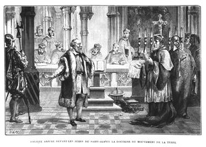 Galileo (1564-1642) widerruft seine Theorie der Bewegung der Erde vor den Richtern des Heiligen Offiziums