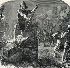 Gideon zerstört den Altar des Baal, der sein Volk in den Götzendienst stürzte. Gravur aus 