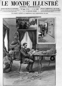 General Georges Boulanger (1837-1891) im Hotel du Louvre bei der Durchsicht der Korrespondenz in „Le Monde illustré“ im Jahr 1888.