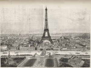 Gesamtansicht der Weltausstellung in Paris 1889 mit dem Eiffelturm vom Trocadero aus, Gravur - Gesamtansicht der Weltausstellung in Paris 1889 mit dem Eiffelturm, Gravur in Le Monde Illustré von 1889