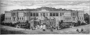 Gesamtansicht des Palais de Longchamp in Marseille, Bouches du Rhone (13), wie es 1859 von Frederic Auguste Bartholdi (1834-1904) vorgestellt wurde. Gravur in „Le Monde Illustré“ Nr. 681 vom 30. April