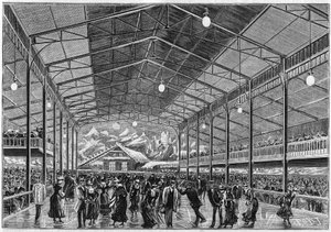 Gesamtansicht der künstlichen Eislaufbahn „Le Pôle Nord“ in der Rue de Clichy in Paris im Jahr 1892.