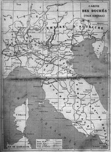 Geografische Karte der Herzogtümer Mittelitaliens im Jahr 1860. Gravur in „Le Monde Illustré“ Nr. 143 vom 7. Januar 1860