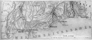 Geografische Karte des Fürstentums Monaco, 1861, vor dem Beitritt der Städte Roquebrune und Menton zu Frankreich. Gravur in „Le Monde Illustré“ Nr. 202 vom 23. Februar 1861