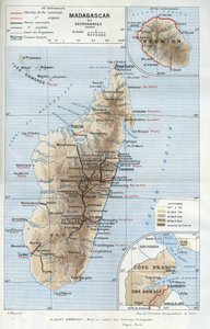 Geografische Karte der Kolonie Madagaskar und ihrer Abhängigkeiten, der Reunion und der französischen Küste von Somalia. in "La mise en valeur des colonies francaises", Albert Sarraut