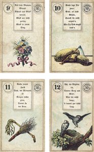 Deutsche Ausgabe des Lenormand französischen Kartendecks: Die Blumen, Die Sense, Die Rute, Die Vögel, veröffentlicht von Dondorf, Frankfurt, 19. Jahrhundert