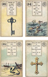 Deutsche Ausgabe des Lenormand französischen Kartendecks: Der Schlüssel, Die Fische, Der Anker, Das Kreuz, veröffentlicht von Dondorf, Frankfurt, 19. Jahrhundert