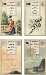 Deutsche Ausgabe des Lenormand französischen Kartendecks: Die Dame, Die Lilien, Die Sonne, Der Mond, veröffentlicht von Dondorf, Frankfurt, 19. Jahrhundert
