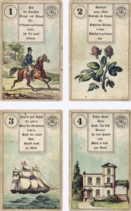Deutsche Ausgabe des Lenormand französischen Kartendecks: Der Reiter, Das Kleeblatt, Das Schiff, Das Haus, veröffentlicht von Dondorf, Frankfurt, 19. Jahrhundert