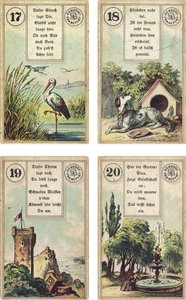 Deutsche Ausgabe des Lenormand französischen Kartendecks: Der Storch, Der Hund, Der Turm, Der Garten, veröffentlicht von Dondorf, Frankfurt, 19. Jahrhundert