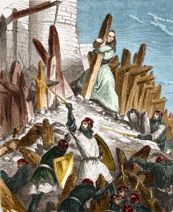 Krieg gegen Hugues du Puiset durch Ludwig den Dicken: Angriff auf das Schloss du Puiset (im Département Eure-et-Loir) durch die Truppen des Königs von Frankreich LOUIS VI. den Dicken im Jahr 1118. Gravur in „Histoire De France En Cent Paintings“ von Paul L von French School