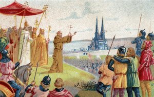 Gott will es! Peter der Einsiedler predigt den Kreuzzug (1095 - 1099) Chromolithographie aus dem späten 19. Jahrhundert. von French School