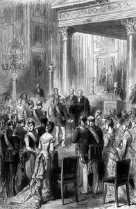 Goldene Hochzeit des deutschen Kaisers Wilhelm I. (1797-1888) und der Kaiserin Augusta (1811-1890): Religiöse Zeremonie in der Kapelle des Kaiserpalastes in Berlin, Juni 1879. Gravur in „Le Monde Illustré“ Nr. 1162 vom 5. Juli von French School