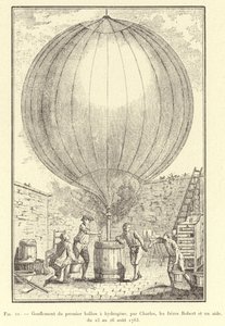 Aufblasen des ersten Wasserstoffballons durch Charles, die Brüder Robert und einen Helfer, vom 23. bis 26. August 1783 (Gravur) von French School