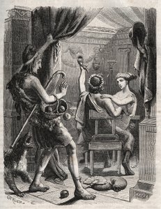 Griechische Mythologie: „Dieser Schrei kam von Paris“. Paris überrascht Helene mit Peritanus. Gravur von 1871 in „Histoire Des Cocuses Celebres“ von Henry de Kock von French School
