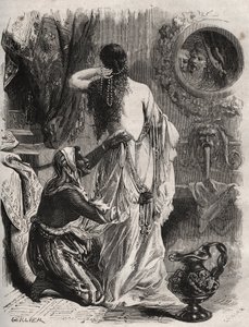 Griechische Mythologie: Der König von Lydien, Candaule, zeigt seinem Vertrauten Gyges seine nackte Frau, die sich im Schlafzimmer entkleidet. Gravur von 1871 in "Histoire Des Cocus Celebres" von Henry de Kock (1819-1892)