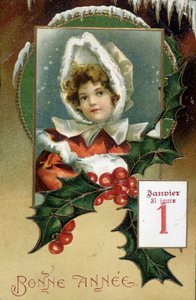 Neujahrskarte: „Frohes Neues Jahr“ (Mädchen mit Stechpalme) - Postkarte, frühes 20. Jahrhundert von French School