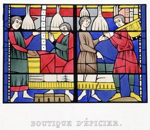 Lebensmittelladen. Facsimile eines Glasfensters aus dem Mittelalter in „Histoire de la peinture sur verre“ von Ferdinand de Lasteyrie