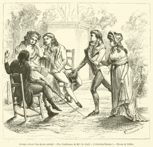 Gruppe aus einer Zeichnung mit dem Titel, Eine Konferenz von Madame de Stael, Sammlung Hennin von French School
