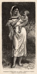 Guaranie-Frau raucht ihrem Kind die Zigarre, das auf ihrer Hüfte reitet, um seine Schreie zu beruhigen, Gravur nach der Zeichnung von D. Maillart, zur Illustration der Reise nach Paraguay 1872-1873, von L. Forgues, veröffentlicht in „Le tour du monde“ 1874