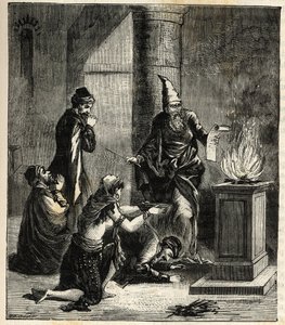 Guebres (oder Zoroastrier) - Feueranbeter - Gravur in „Sciences à la portée de tous - Physik und Chemie für alle“ von Alexis Clerc. Spätes 19. Jahrhundert. Private Sammlung