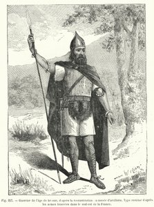 Krieger aus der Bronzezeit nach der Rekonstruktion des Artilleriemuseums (Gravur) von French School