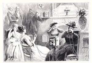 Gäste in einem Pariser Hotel hören direkte Übertragungen von Opern- oder Theateraufführungen auf Marinovitchs und Szarvadys Theatrophone, aus La Nature, veröffentlicht 1892