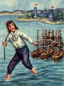 Gulliver zieht feindliche Schiffe in den Hafen von Lilliput. Illustration zur Geschichte „Gullivers Reisen“ von Jonathan Swift (1667 - 1745). von French School