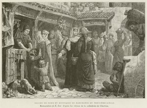 Pariser Markthallen und Händlerläden im 13. Jahrhundert (Stich) von French School