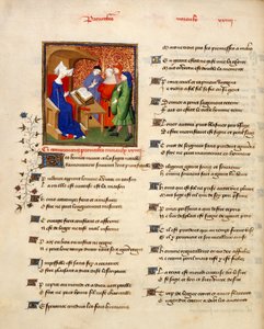 Harley 4431 Band II, f.259v Miniatur einer Frau, die moralische Sprichwörter liest, am Anfang der 