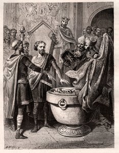 Harold II. (1020-1066) letzter angelsächsischer König, gekrönt 1064, schwor auf heilige Reliquien vor Wilhelm I. dem Eroberer, seine Sache beim Thron von England nach dem Tod von Edward dem Bekenner zu unterstützen, um 1064.