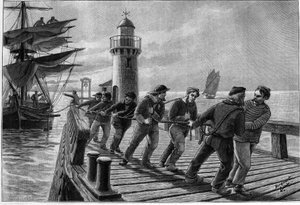Schlepper ziehen ein Boot, Ende des 19. Jahrhunderts. Gravur in „Journal des Voyages“ vom 26. März 1899.