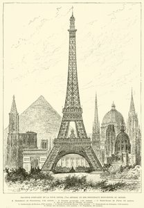 Vergleichende Höhe des Eiffelturms (300 Meter) und der wichtigsten Monumente der Welt von French School