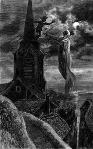 Er erschien auf dem Kirchturm. Gravur zur Illustration des Romans „Feuer und Flamme“ von Zenaide Fleuriot. In „Le Journal de la jeunesse“ von French School