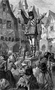 Er hielt eine Schriftrolle in der Hand. Gravur zur Illustration des Romans „Pour la patrie!“ von Josephine Colomb. In „Le Journal de la jeunesse“