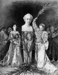 Henriette Rosine Bernard genannt Sarah Bernhardt rezitiert „Die Schlacht von Hernani“ von Francois Coppee, vor der Büste von Victor Hugo anlässlich des fünfzigsten Jahrestages des Stücks „Hernani“. Paris, Comédie Française