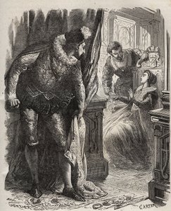 Henry (Henry) Stuart genannt Lord Darnley (1545-1567) überraschte seine Frau, Königin Maria (Mary) I. Stuart (1542-1587), mit ihrem Privatsekretär David Rizzio (gest. 1566). Gravur von 1871 in „Histoire Des Cocuses Celebres“ von Henry de Kock (1819-1892) von French School