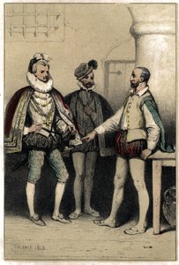 Heinrich III. (1551-1589), König von Frankreich, besucht Bernard Palissy, Keramiker, der in der Bastille eingesperrt ist. In „Scenes de la vie des hommes famous“ Gravur in zwei Farben von Valerio. 1843