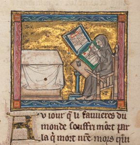 Einsiedler schreibt an einem Schreibtisch, Miniatur aus "Estoire del Saint Graal, La Queste del Saint Graal, Morte Artu", ca. 1315-25 von French School