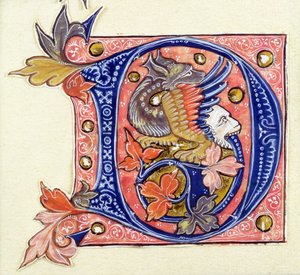 Historisierte Initiale D, die einen Fisch mit einem menschlichen Kopf zeigt