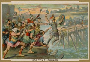 Horatius Cocles, römischer Soldat, verteidigt die Pons Sublicius gegen die einfallende Armee des Königs von Clusium, 6. Jahrhundert v. Chr. von French School