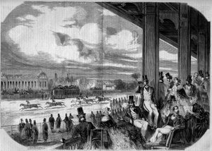 Pferderennen auf der Rennbahn von Chantilly im Jahr 1858