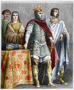 Hugo der Große (897-956) krönt Raoul oder Rudolf von Burgund (um 890-936), Herzog von Burgund und König von Frankreich. Gravur in „Histoire De France En Cent Tableaux“ von Paul Lehugeur 1891 von French School